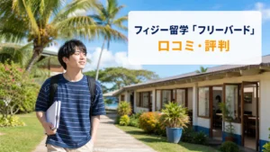 フィジーの語学学校キャンパスを歩く日本人男性留学生｜フリーバードの口コミ・評判