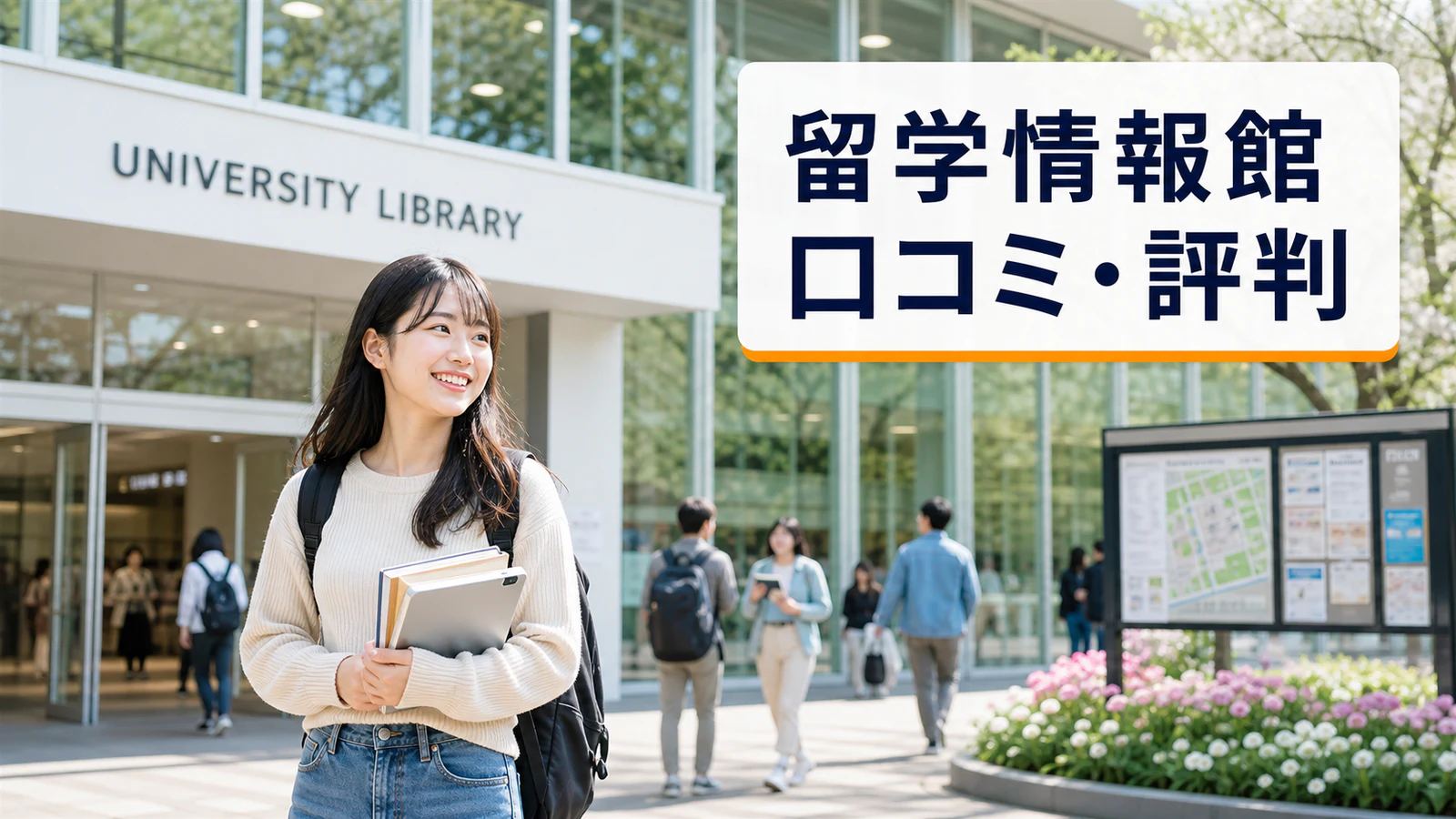 大学図書館前を歩く日本人女性留学生｜留学情報館の口コミ・評判