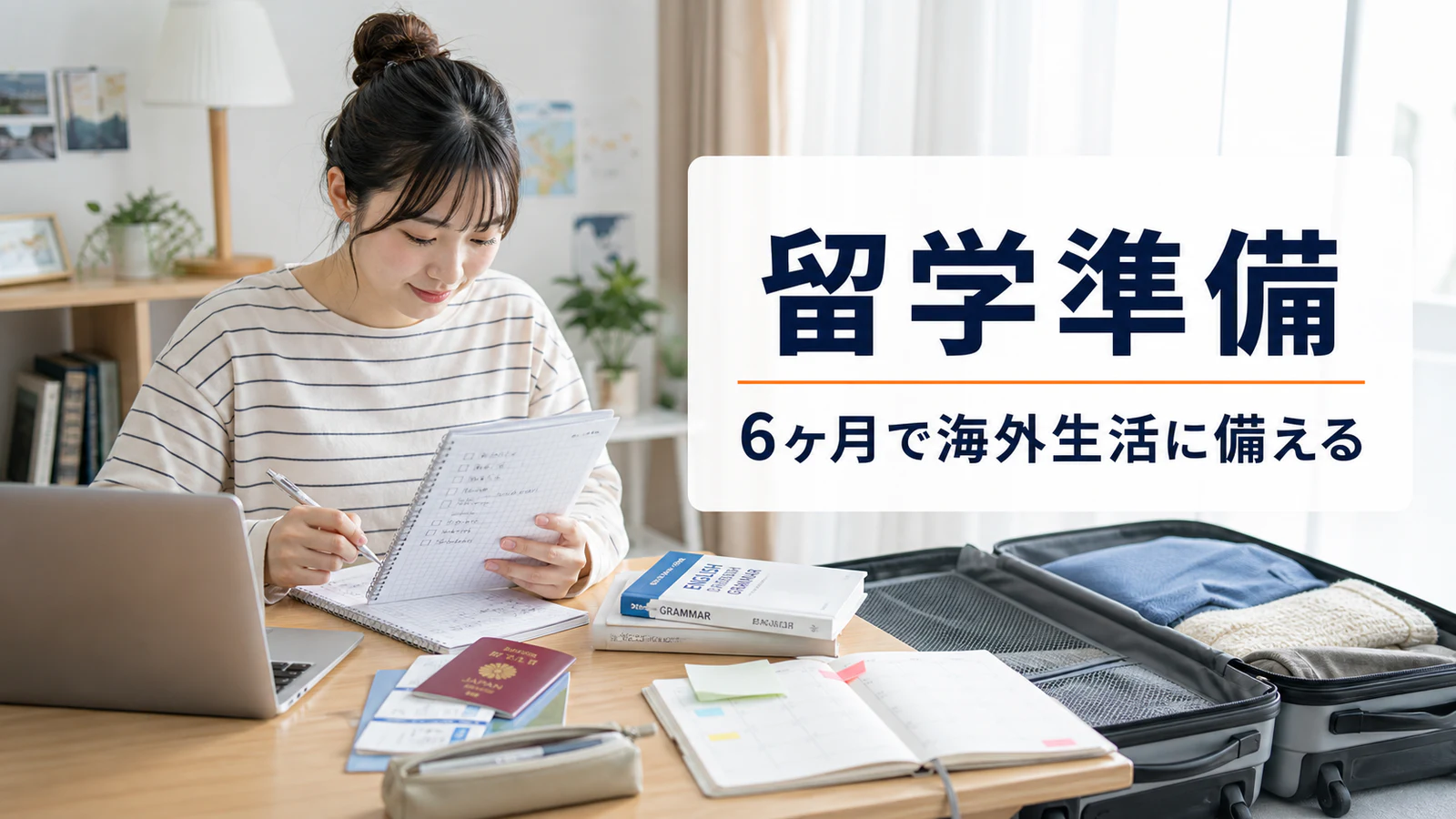 自宅で留学準備をする女性