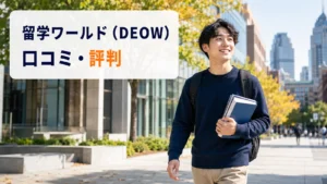 ニューヨークの都市を教材を持って歩く日本人男性留学生|留学ワールド(DEOW)の口コミ・評判