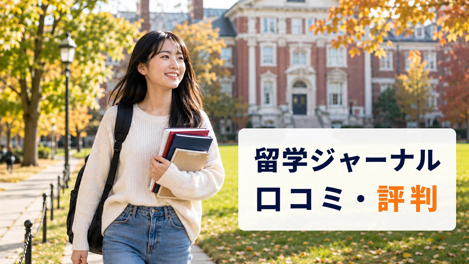 ボストン風の大学キャンパスを教材を持って歩く日本人女性留学生｜留学ジャーナルの口コミ・評判