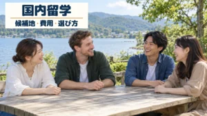 河口湖をイメージした湖畔で、外国人講師と日本人の成人留学生3人が楽しく交流する英語合宿のイメージ画像