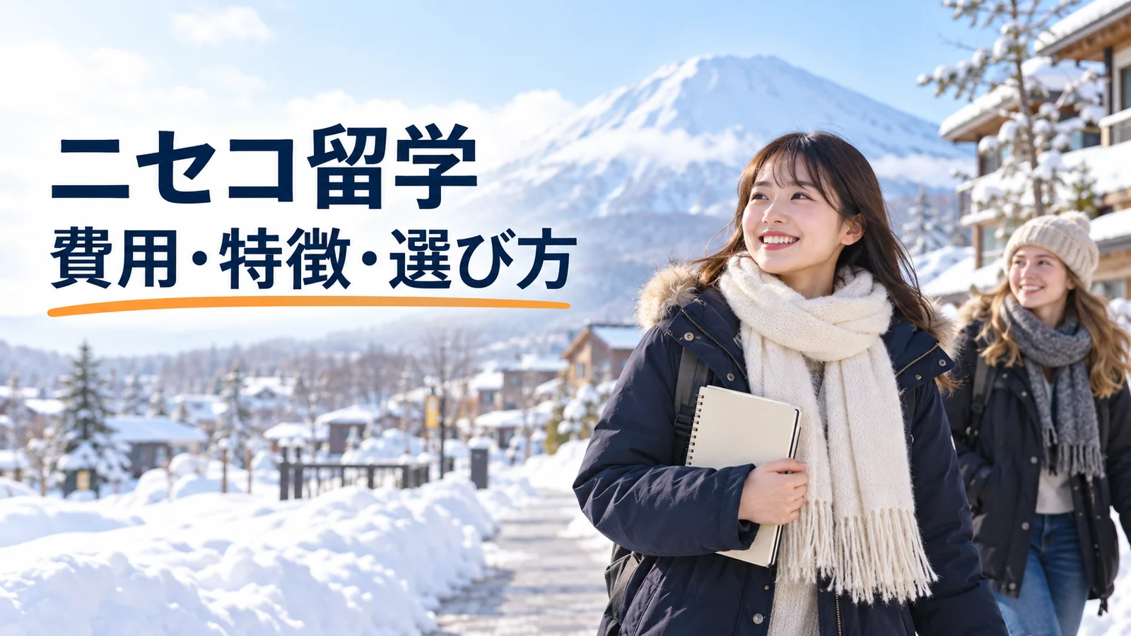 雪のニセコで教材を持ち、外国人学生と歩く日本人女性留学生
